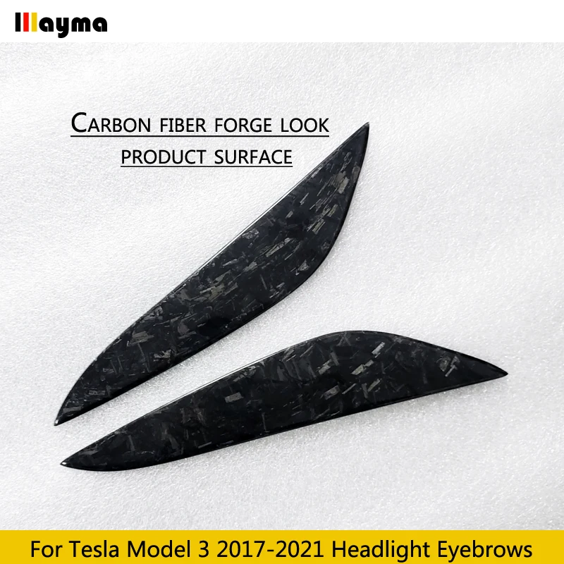 Real Carbon Fiber Car Headlight Cover Eyebrows Front Lamp Carbon Forge Look Sticker Eyelid For Tesla 2017 - 2021 Model 3 Model Y