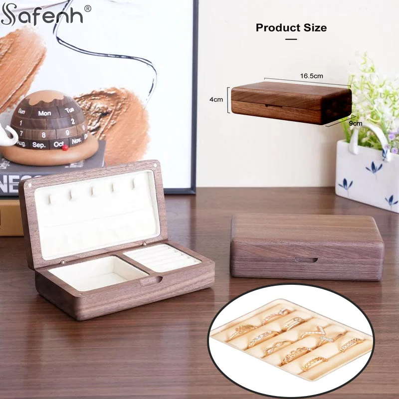 

1PCS Premium Black Walnut Wood Walnut Jewelry Box - Wedding Ring Holder, Earring & Rings Storage, Elegant Gift Box For Women