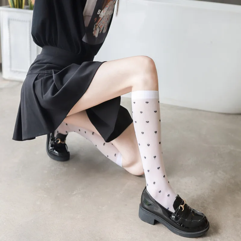 Love Calf Tube White Half JK Trendy Socks Women'S Black Stockings Thin Sheer Peach Heart