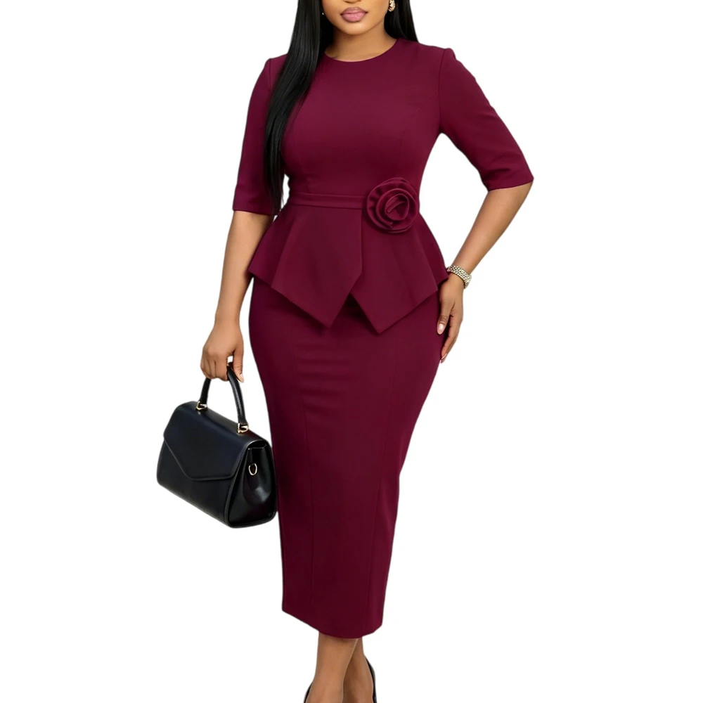 Trendige Sommerkleider für Damen, lässig, elegant, halblange Ärmel, O-Ausschnitt, Rüschen, Bürokleid, modisches afrikanisches Kleid mit 3D-Blumen – Detail 6