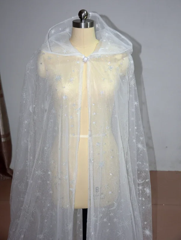 Capa de boda con capucha, velo de tul para novia, capa larga de estrella y Luna, abrigo de iglesia para mujer, chales para novias, vestido de capa personalizado