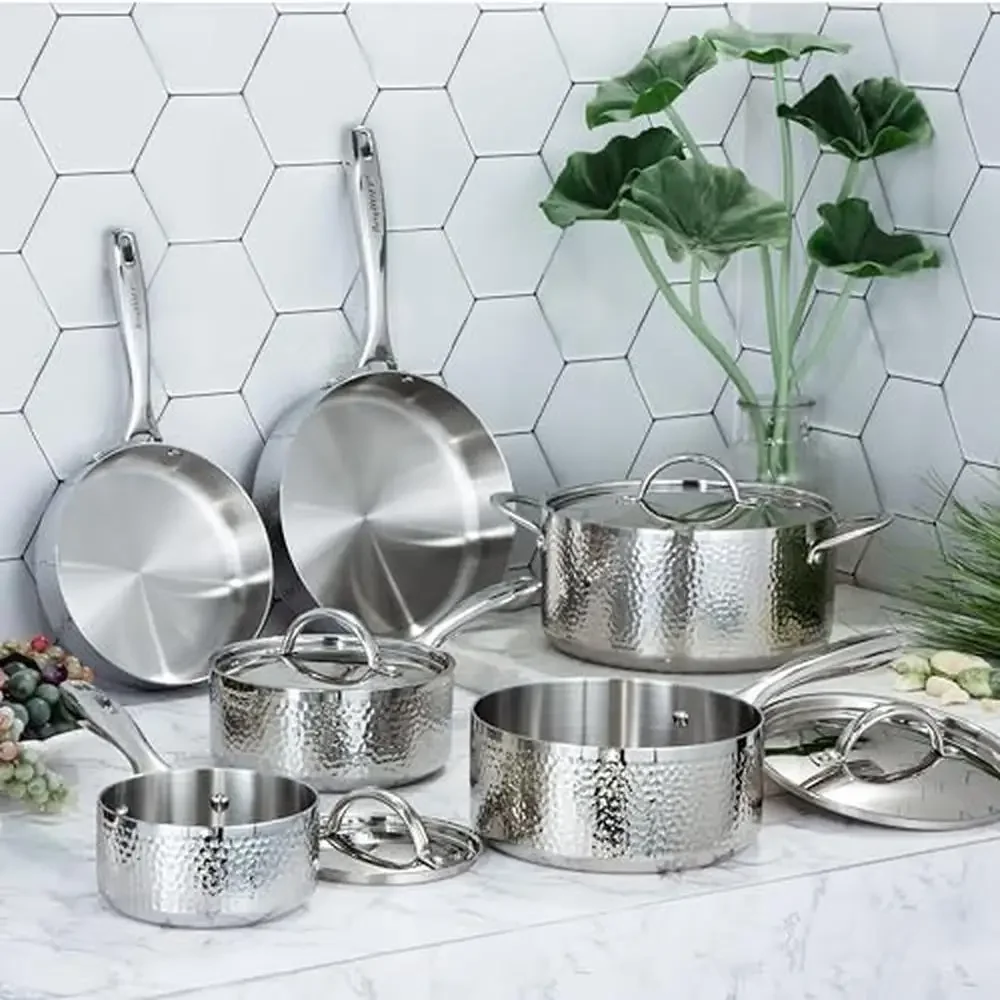 Vintage Tri-Ply Stainless Steel Cookware Set 10Pc Hammered Design Induction Compatible Silver