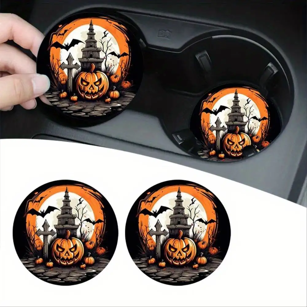 Pumpkin Castle & Bat Pattern Car Coasters 2pcs Non-slip Drink Cup Mats Car Interior Accessories Halloween Gift