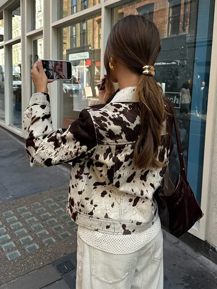 Women Fashion Brown Printed Leather Short Jacket Women Patch Pocket Button Long Sleeve Crop Coat 2024 Lady High Street Outerwear