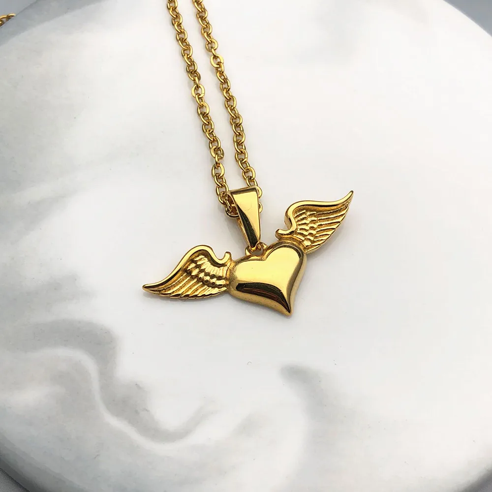 316L Stainless Steel Angel Wing Heart Pendant Necklace Clavicle Chain Choker For Women Birthday Gift Collar Para Mujer