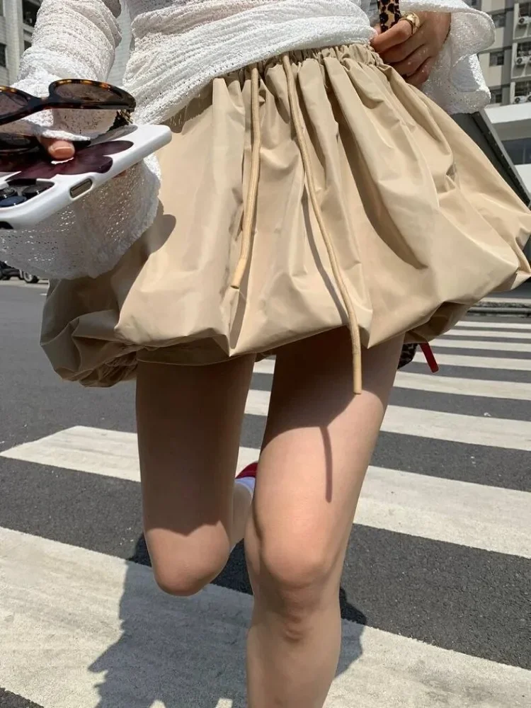 Korean Vintage Mini Balloon Skirt Women Summer Streetwear Fashion High Waist A-line Cute Sexy Pleated Bubble Skirt