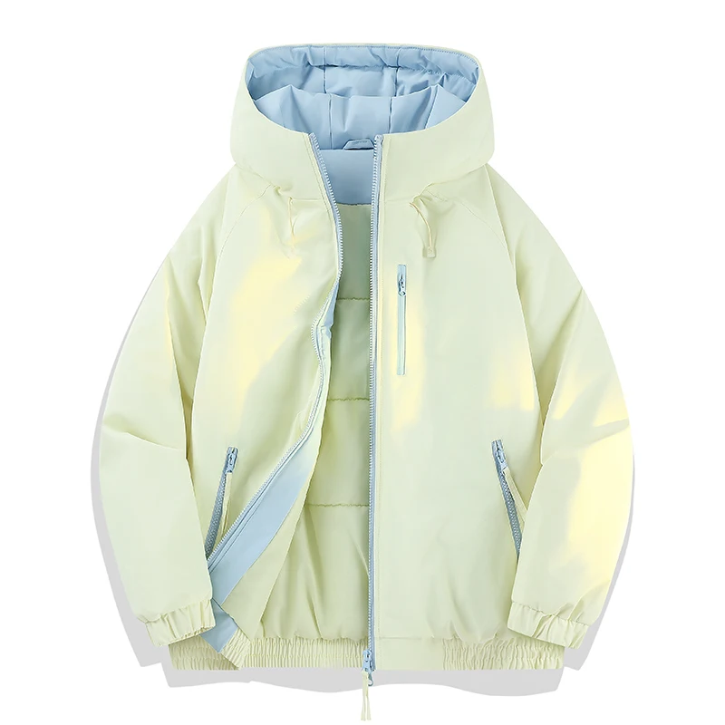 Men Color Block Hooded Padded Jacket Winter Warm Full Zip Drawstring Hood Casual Thick Windproof Outerwear
