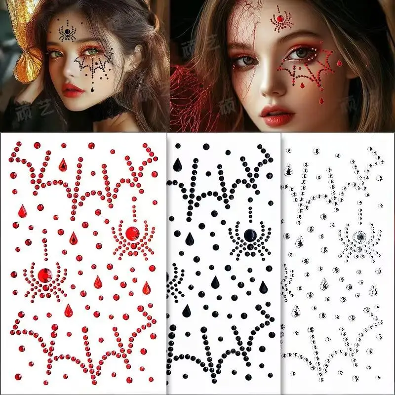 1 Sheet/3 Sheets Halloween Dark Spider Costume Stickers Black Red Clear Gem Stickers Versatile Design DIY Retro Style Stickers