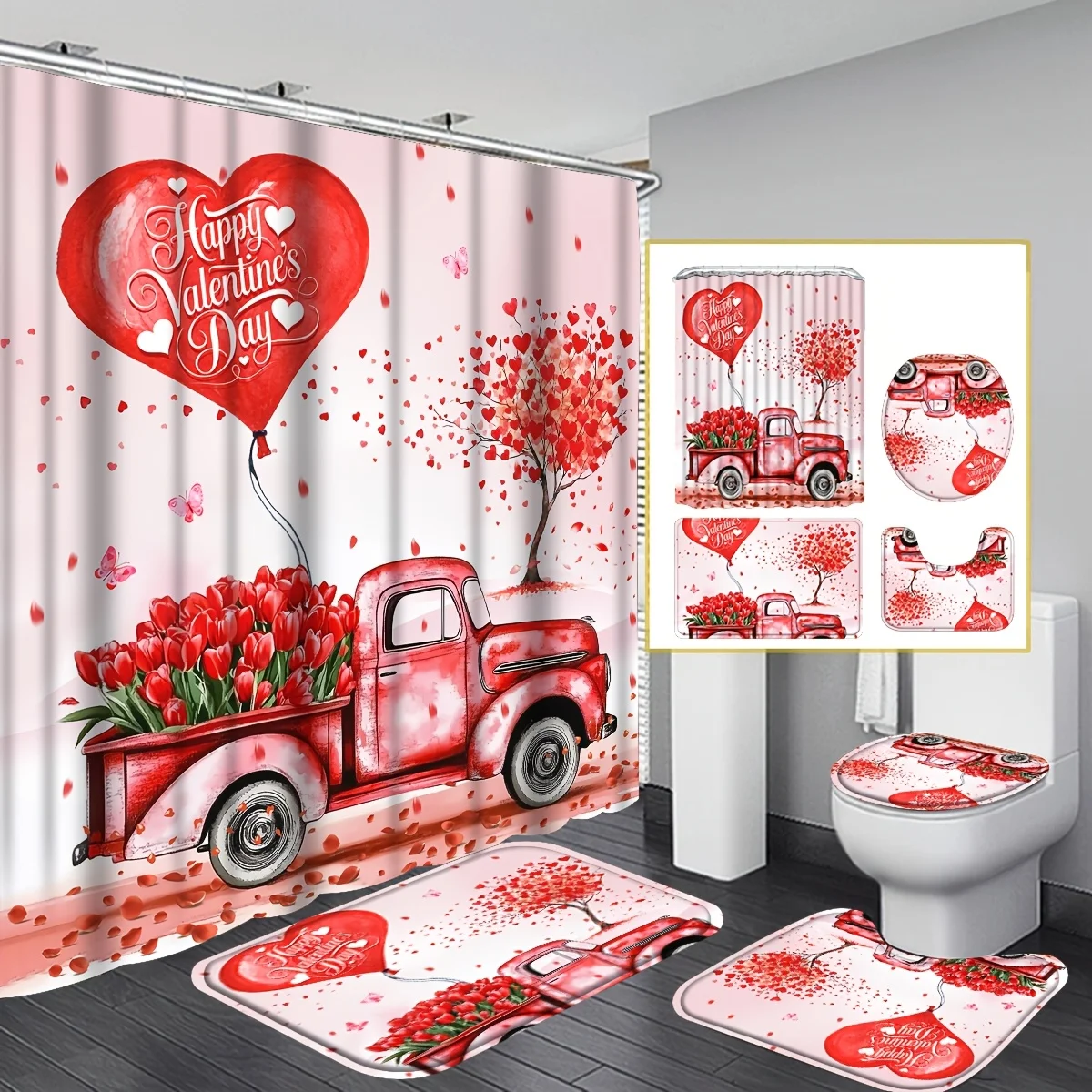 

4 шт., набор занавесок для душа «С Днем Святого Валентина» с нескользящими ковриками, U-образным ковриком для унитаза, чехлом на сиденье унитаза, водонепроницаемой машиной Washa