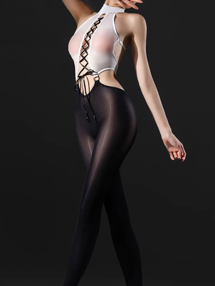 

Sexy Women Backless Cosplay Maid Tight Oil Glossy Elastic Bodysuit Sheer See Through Silky Jumpsuit Bandage Hollow Out Leotard