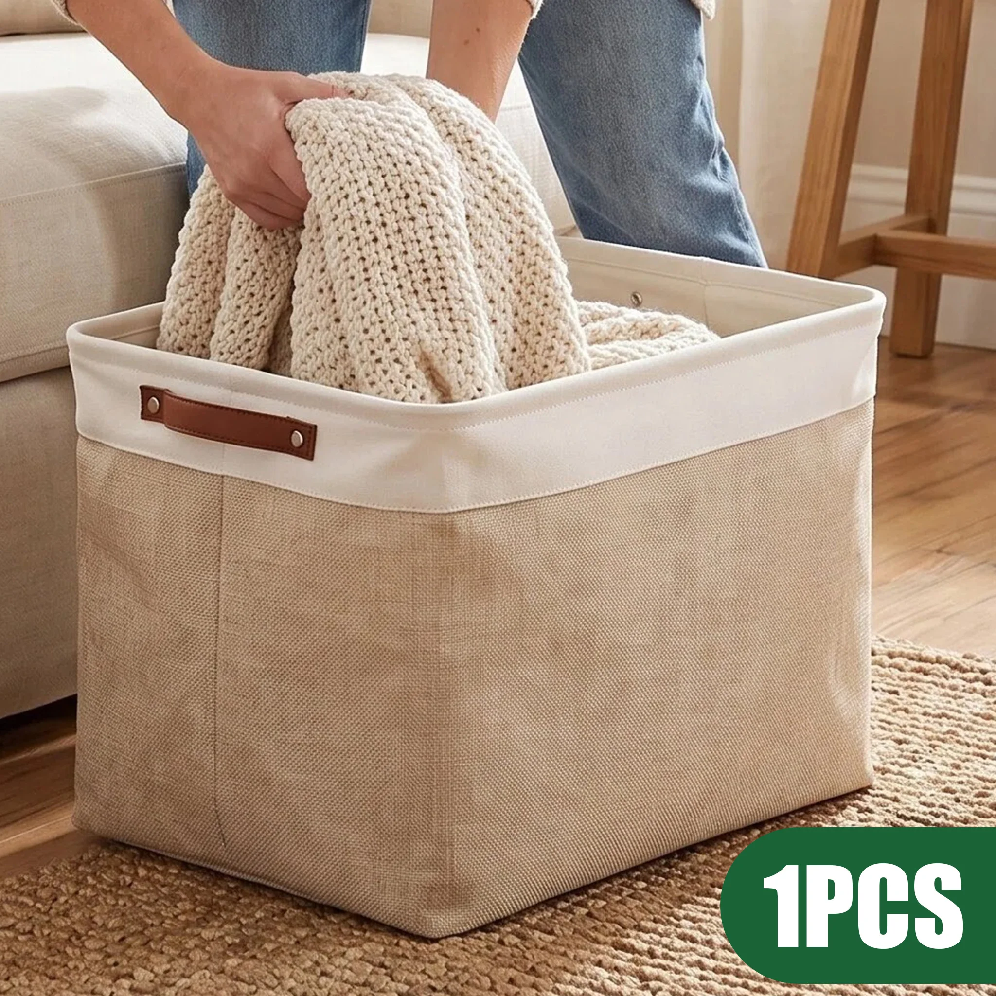 Foldable Storage Basket with Spliced Faux‑Leather Handles Multi‑Purpose Home Organizer for Sundries Toys Clothes Closet