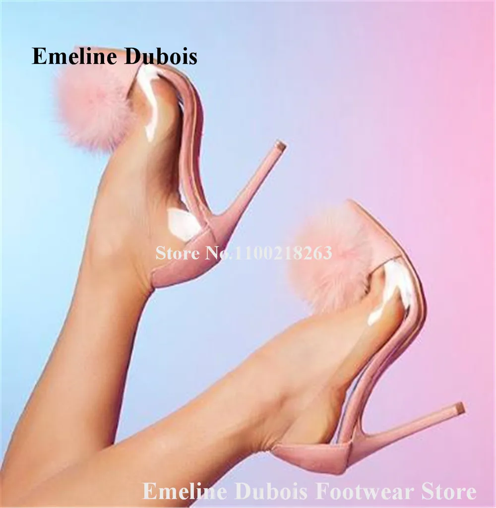 Cute Pink Fur Ball Decorated Pumps Emeline Dubois Pointed Toe Suede PVC Patchwork Hair Ball Stiletto Heel Shoes Slip-on Shoes