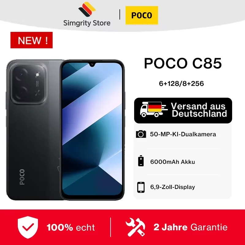 Smartphone POCO C85 6 GB + 128 GB/8 GB + 256 GB, display da 6,9 pollici, doppia fotocamera posteriore da 50 MP, batteria da 6000 mAh con ricarica rapida da 33 W, Xiaomi HyperOS 2, potente processore