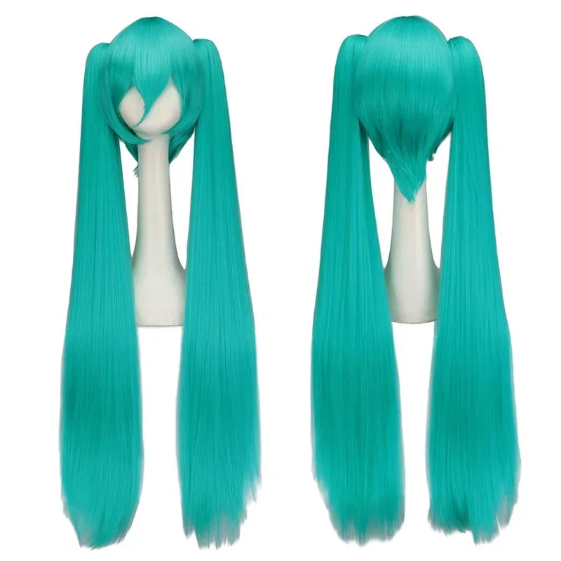 WHIMSICAL W Capelli sintetici Miku Cosplay Parrucca lunga Parrucche verdi resistenti al calore per feste con 2 parrucche a coda di cavallo con clip