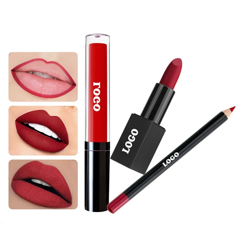 

Private Label 3 Pieces Lipstick Lip Gloss Lipliner Kit Custom Logo Pigment Long Lasting Non-stick Makeup Bulk Black Square Tube