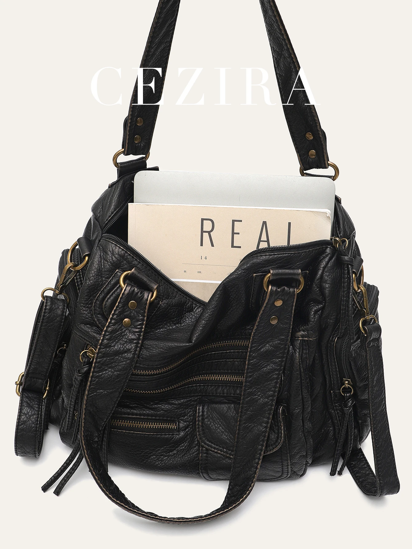 Vintage Women Unisex Brush-off Color Washed PU Vegan Leather Zip Pockets Shoulder Cross body Bag Large Retro Casual Daily Travel view 5