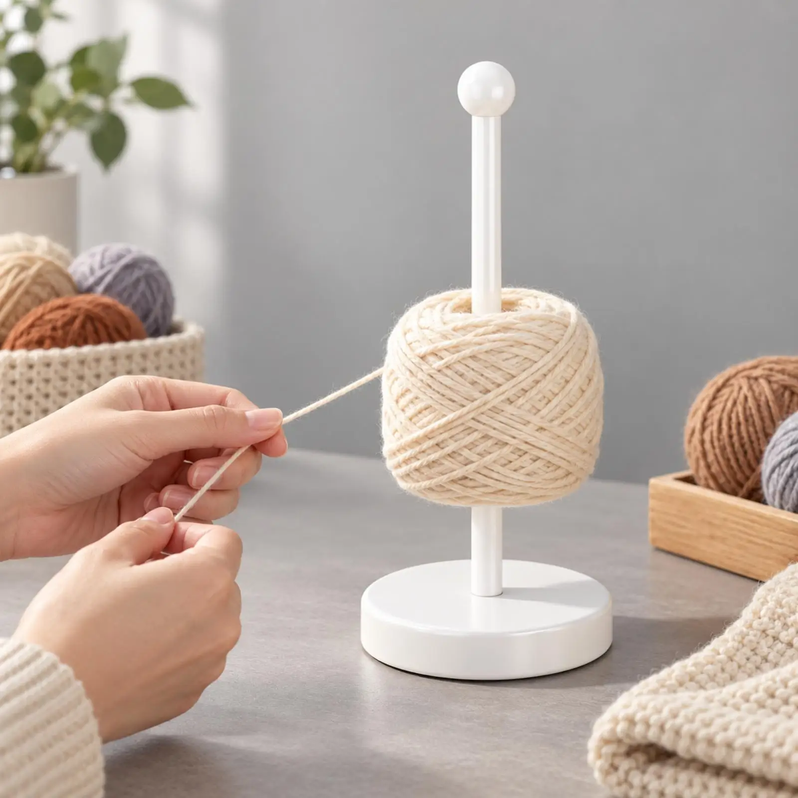 Tabletop Wooden Yarn Spool Storage Rack for Knitting Crochet Craft Holder with Stable Round Base and Smooth Rod Freestanding
