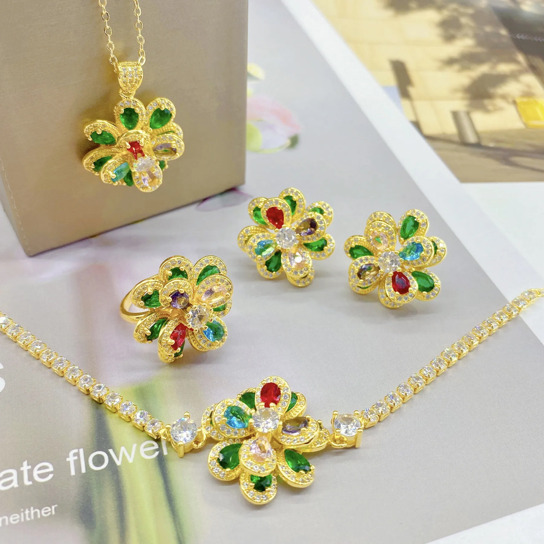 DIY accessories Heavy Industry Design Color Tourmaline Flower Set, Three-dimensional Camellia Pendant Ring, Color Treasure Brace