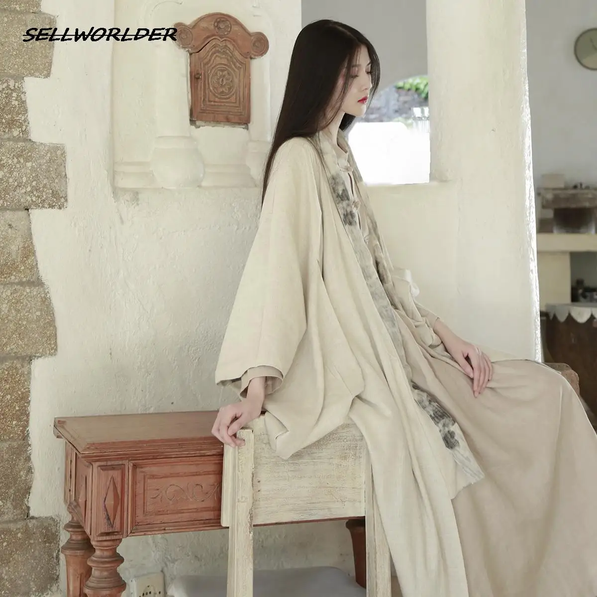 Ramie linen Retro Chinese Style Women Loose Jacket Print Coats Two Side Belt Long Jackets