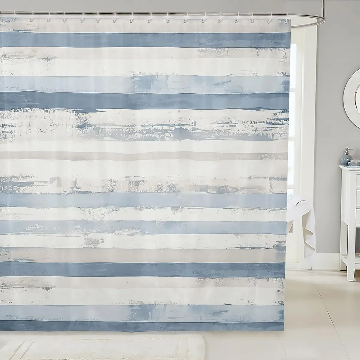 

1pc Abstract Blue Shower Curtain for Bathroom Decor 72" L x 72" W Modern White Grey Striped Bath Curtain Geometric Simple