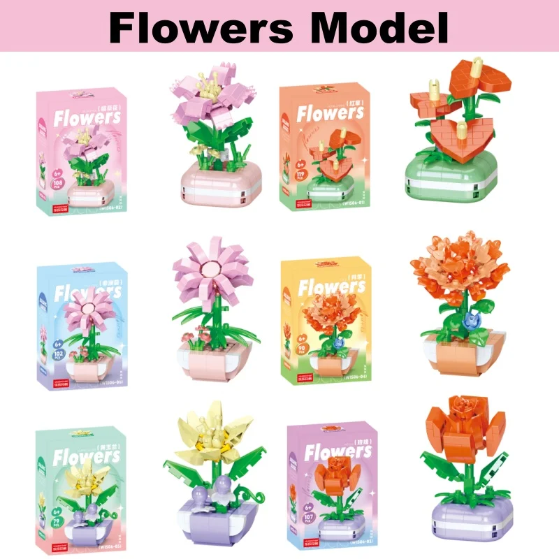 Poppy Potted Flower Building Blocks Toy DIY Flower Assembly Toy Ornament Educational Puzzle for Girls' Birthday Gifts