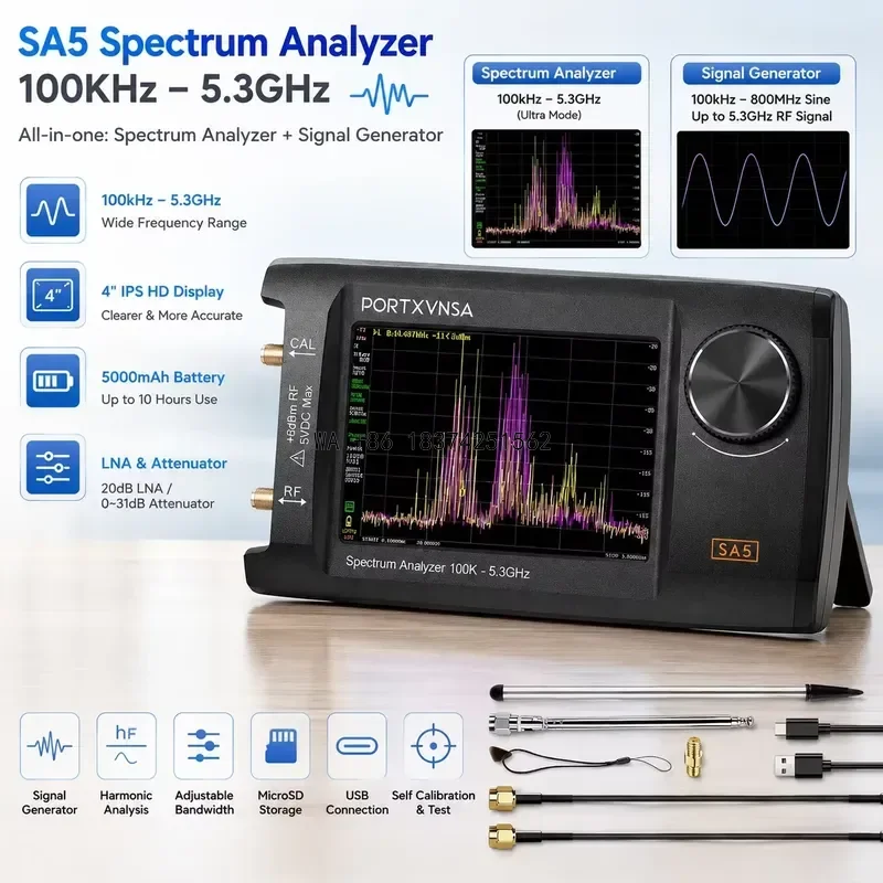 Wmwmnu Upgraded 4 inch IPS LCD SA5 Handheld Spectrum Analyzer 100k-5.3GHz 2 in 1 Signal Generator Built in 5000mA Battery