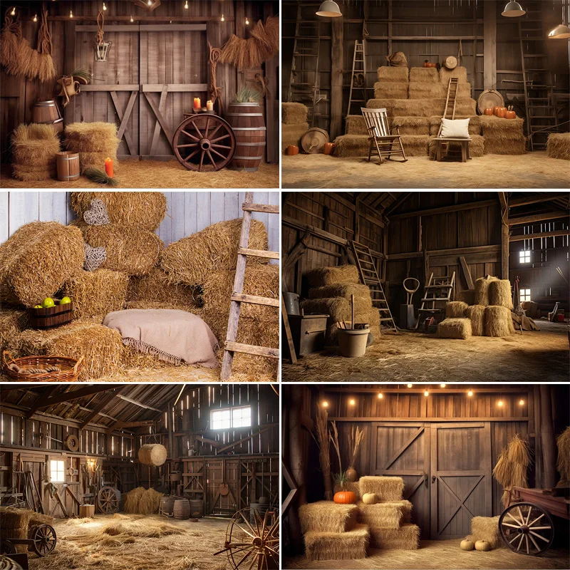 Western Cowboy Charm of the Countryside Rustic Barn Door Photography Backdrops Hay Bales Wheel Candles Farm Background CO-03