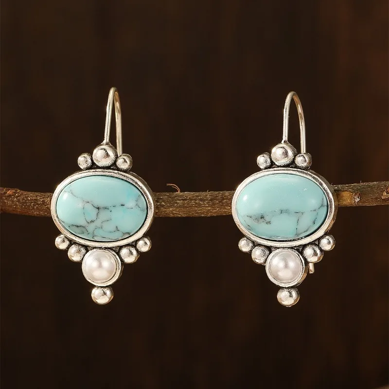 

2024 New Retro Imitation Turquoise Earrings Fashionable Ethnic Style Women's Festival Party Jewelry Accessories Gift