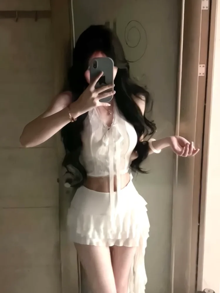 

Spicy Girl V-ne Knot ter Top Women Summer Ballet Sle Lace Fairy ort Skirt Two-piece Set High Waist orts