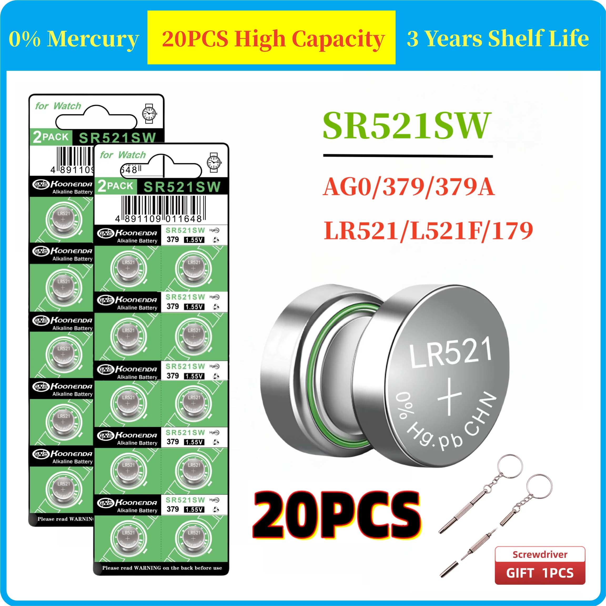 

20PCS AG0 SR521SW Button Cell Battery LR63 SR521 SR521S 379 1.5v Alkaline Batteries For watches remote controls calculators toys