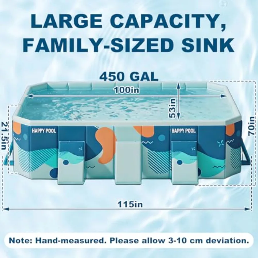 Backyard family swimming pool for kids and dogs: hard plastic, blue, large foldable square design with reinforced sidewalls and