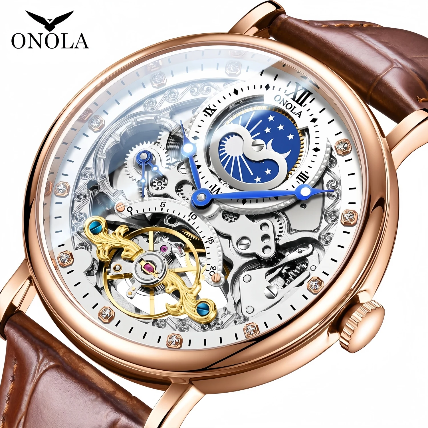 ONOLA Einzigartige Dual Time Zone Hohl Automatische Mechanische Business Uhr Herren Wasserdichte Gürtel Freizeit Nachtlicht Uhr