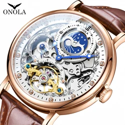ONOLA Unique Dual Time Zone Hollow Automatic Mechanical Business Watch Men's Waterproof Belt Leisure Night Light Watch