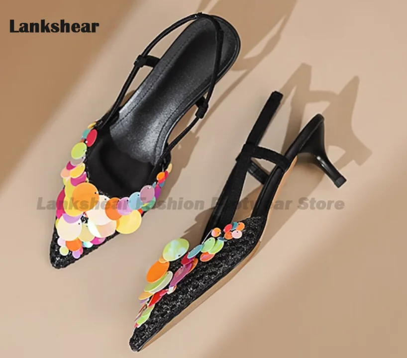 

Mesh Sequined Pointy Toe Sandals Women Shoes Summer Slingback Single Shoes High Heel Banquet Pumps Sandalias De Mujer Verano