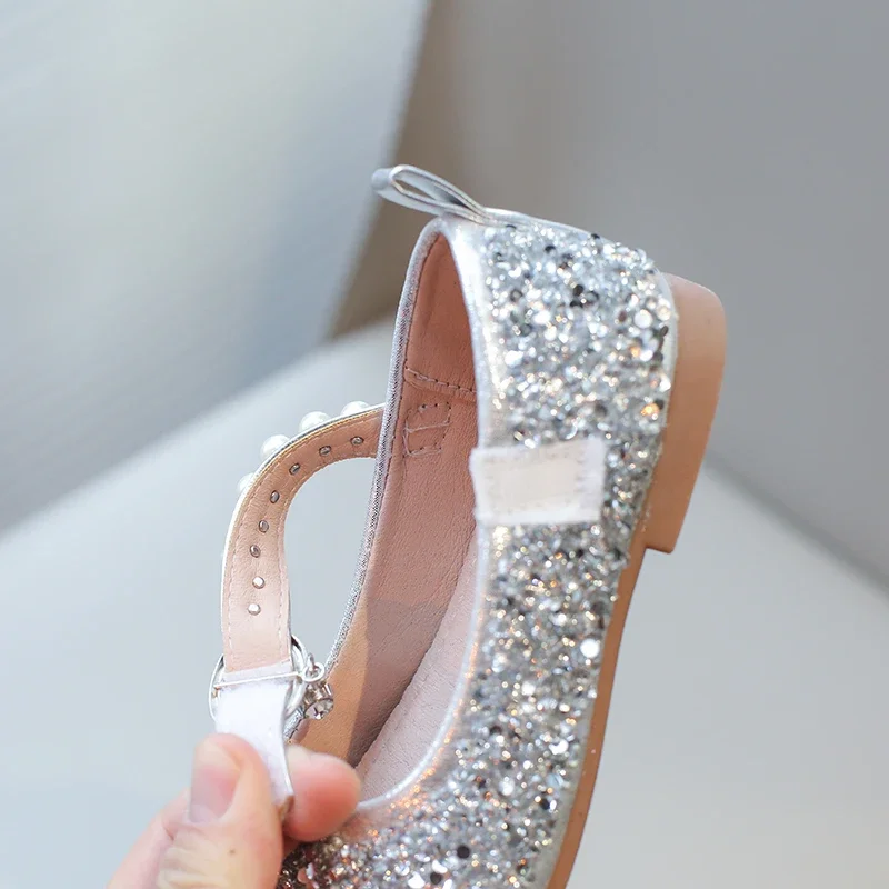 Girls Sandals Gold Sequins Pearls Princess Shoes Dance Kids Shoes Pink Non-Slip Lightweight Silver Kids Crystal Shoes Sandals