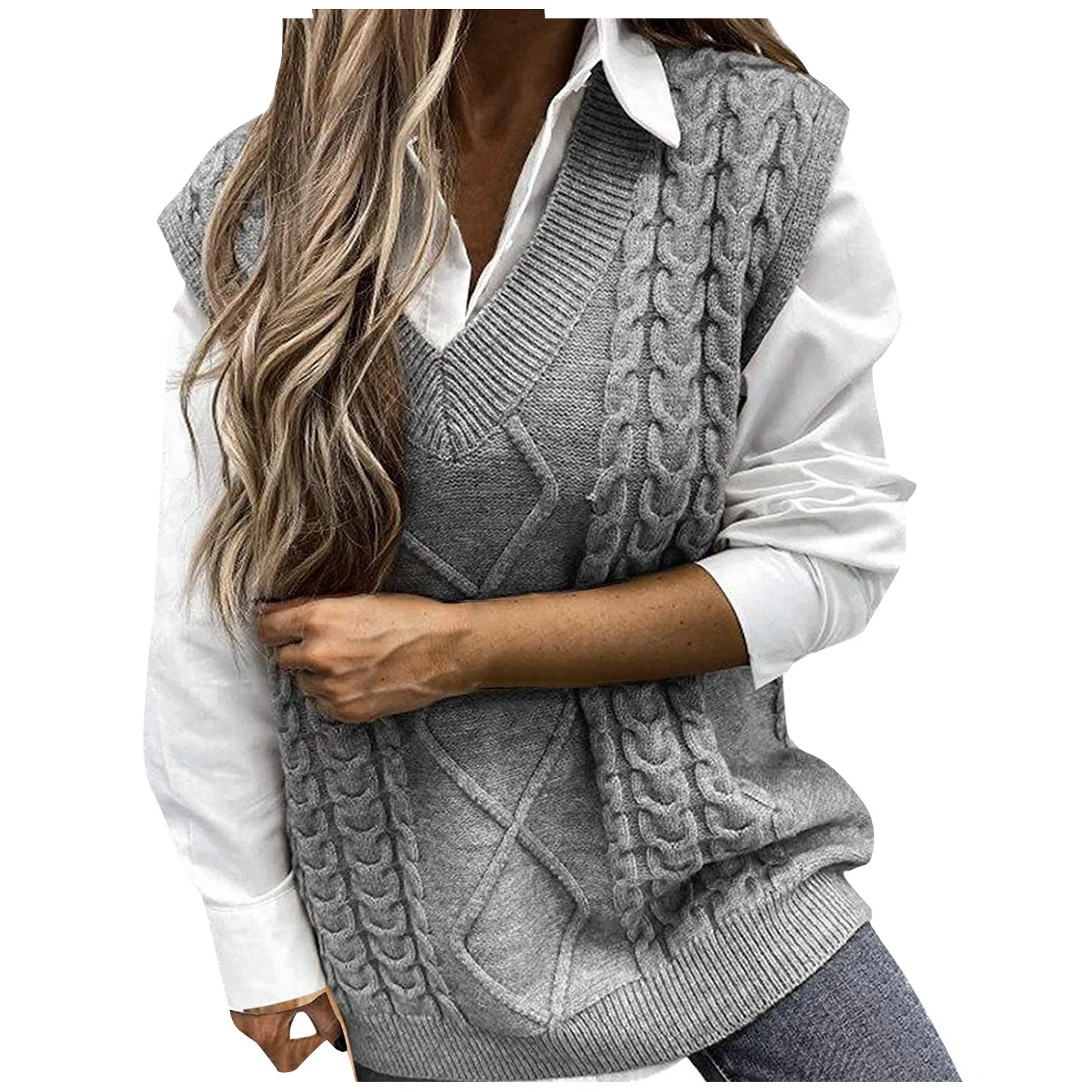 Women\'s Ladies Fashion Sweater Solid Color V-neck Sleeveless Dough Vest Sweater