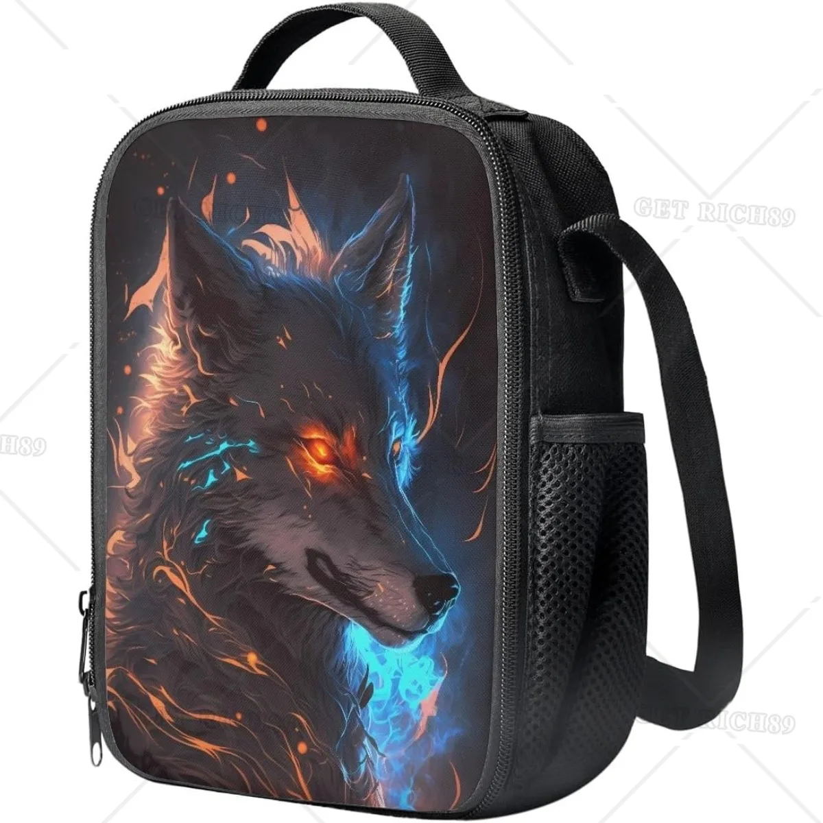 Wolf Print Insulated Lunch Bag for Boys Girls Red Eye Wolf Reusable Lunch Box for Picnic Beach School Lunch Pail Durable Tote