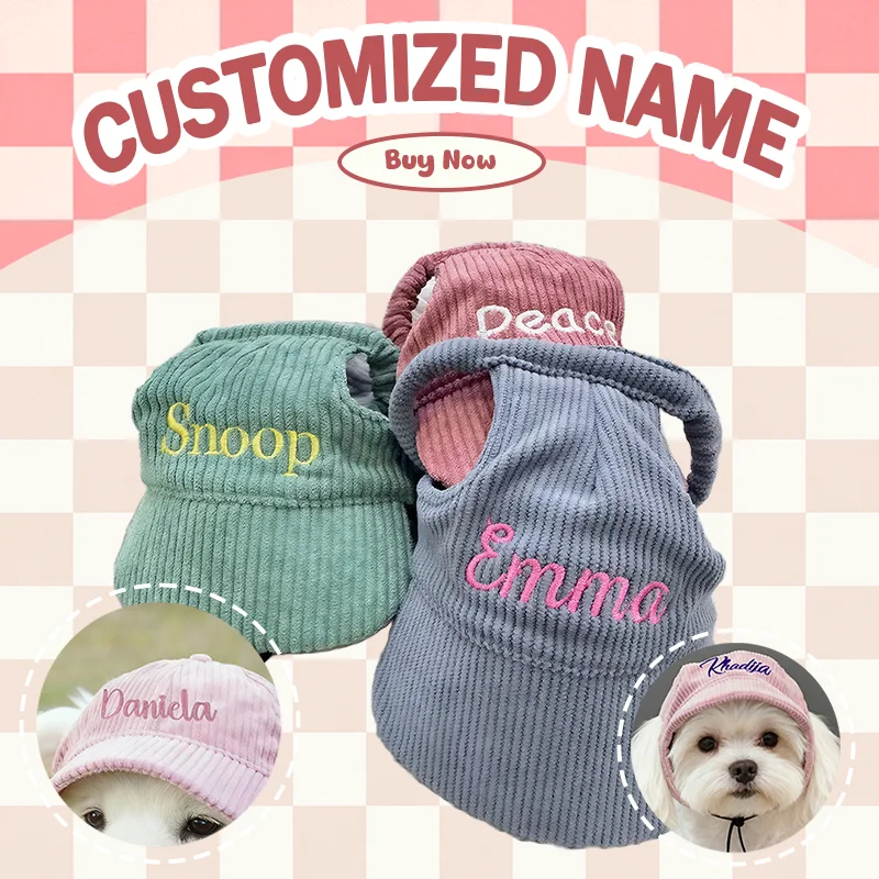 Personalized Name Embroidery Pet Dog Hat Corduroy Adjustable Cap for Small Medium Dogs Cats Custom Puppy Sun Hat