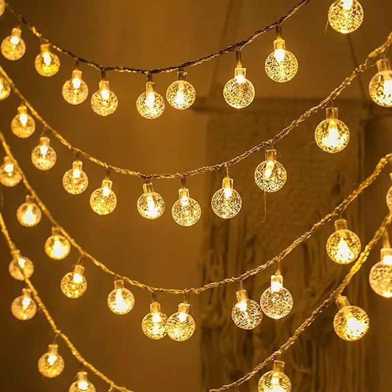 LED Crystal Ball Garland String Lights Outdoor Christmas Decoration Camping Fairy Garland Garden Wedding Party Battery Powered