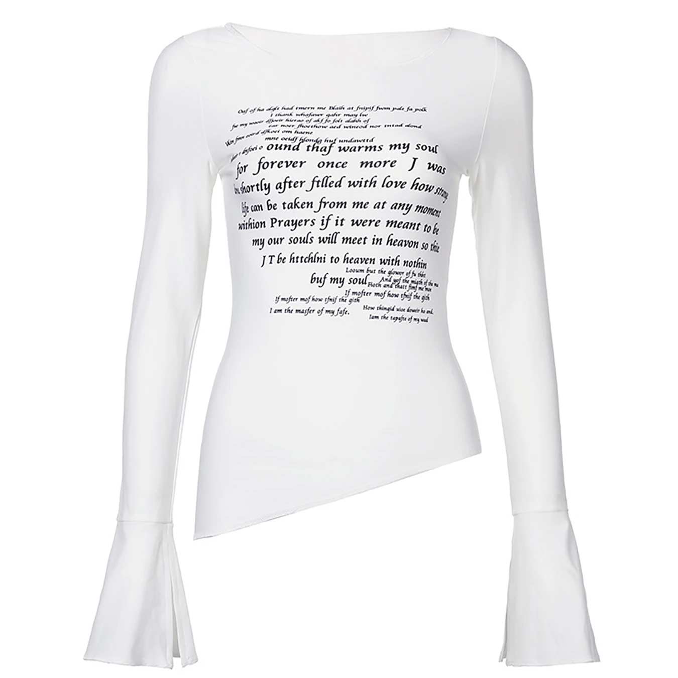 New autumn and winter letter printed trumpet long sleeved slit T-shirt basic versatile slim fit round neck top