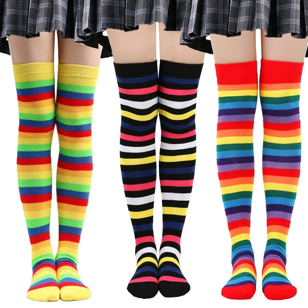 Colorful Rainbow Stockings Women Over Knee High Long Striped Socks Party Anime Performance Cosplay Sock Christmas Halloween Gift