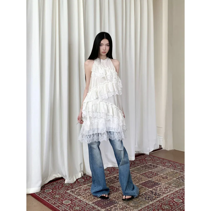 Francês elegância renda-painel de malha branca babados em camadas bolo saia para mulheres verão sem mangas príncipes fada mini vestido linha a