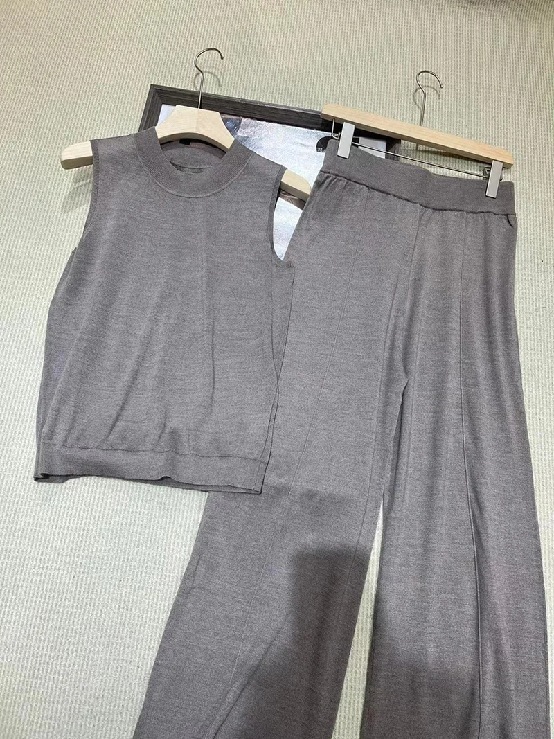 Spring summer merino wool silk blend knitted pants suit