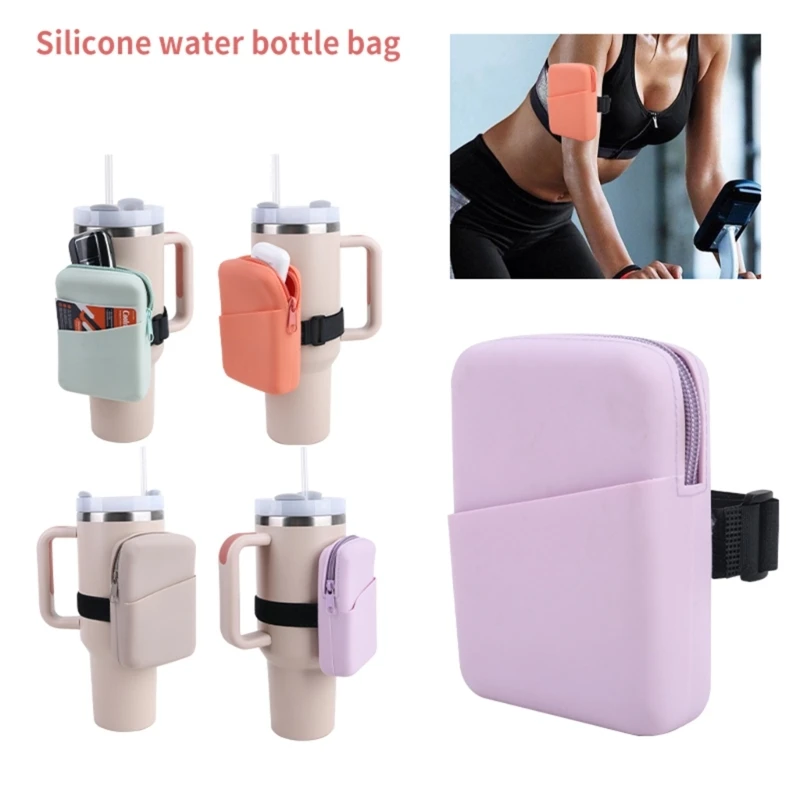 Women Men Solid Arm Bag Key Card Holder Coin Purse Silicone Water Bottle Sleeve with Adjustable Strap for Gym Outdoor Sports