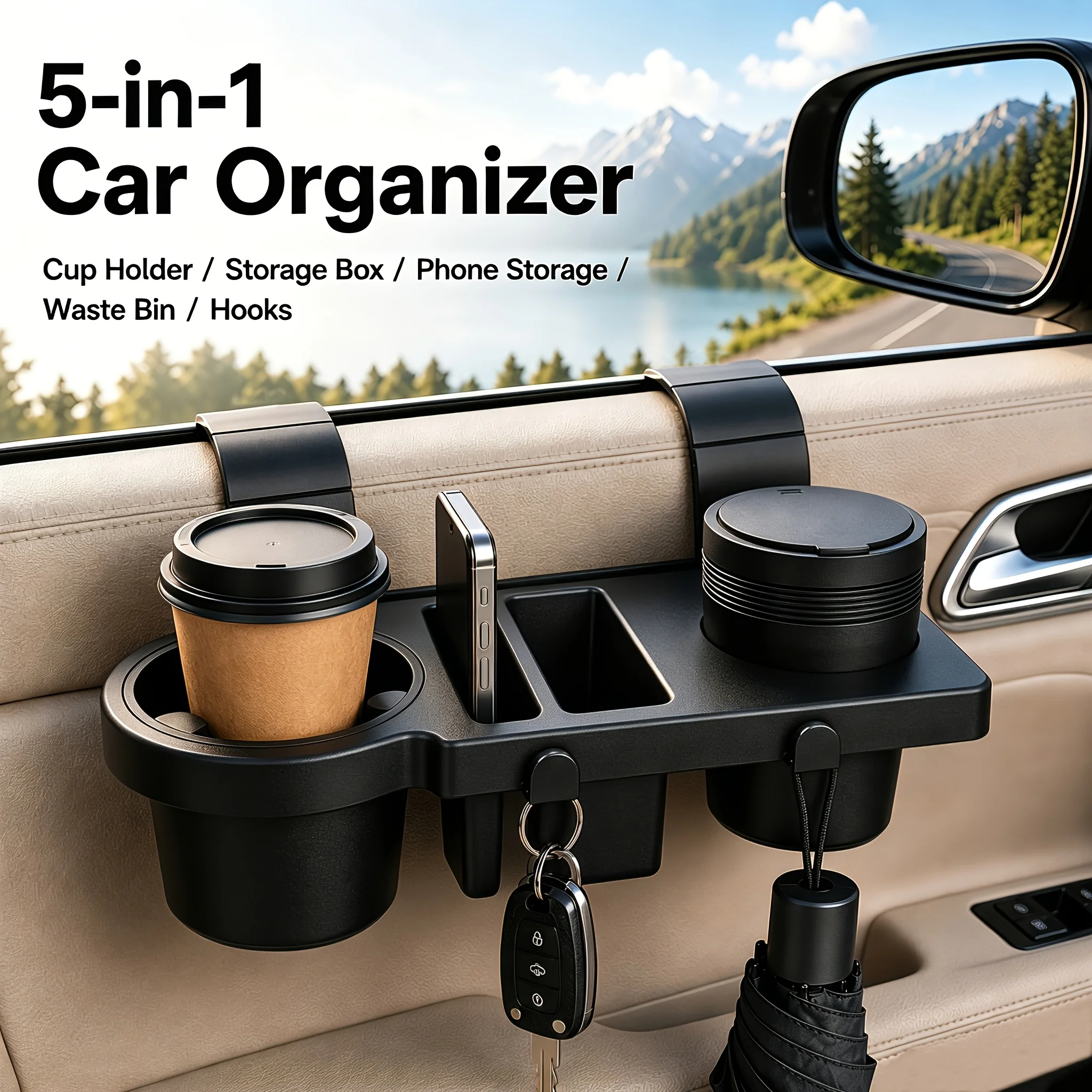 Multi-purpose 5-in-1 Car Window Gap Organizer Mounted Storage Tray with Cup Holder Phone Holder Waste Bin and Hanging Hooks