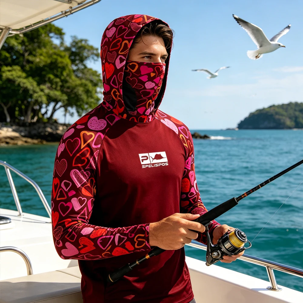 

Men Hooded Fishing Shirt Clothing Long Sleeve With Face Mask UPF50+ Sun Protection Quick Dry for Angling Hunting Camping Fishing