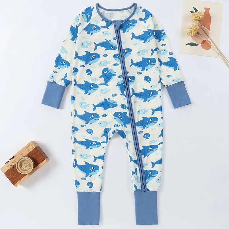 MICHLEY Christmas Baby Romper Bamboo Cartoon Shark Car Newborn Clothes Footies Overalls Bodysuit Pajamas For Boys Girls 0-24M