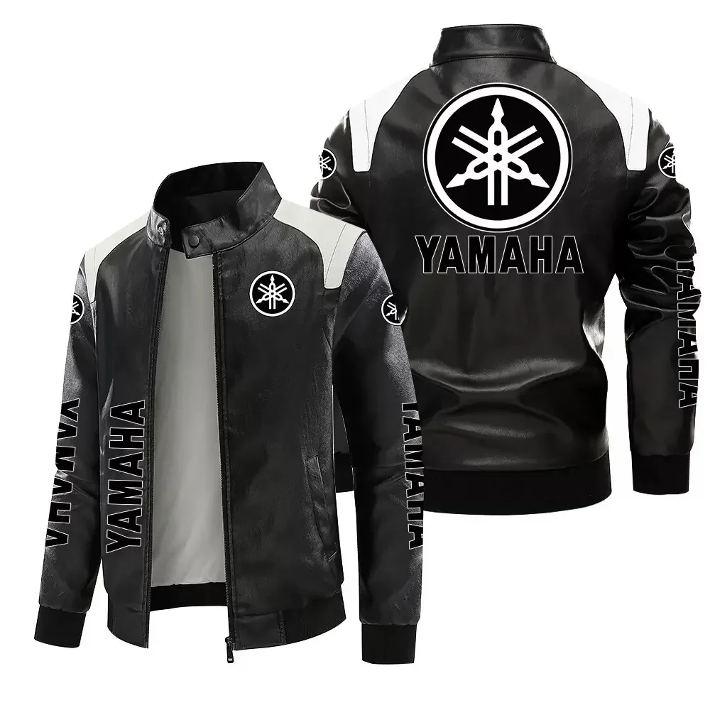 

2025 Yamaha men's PU leather jacket with motorcycle logo, velvet lining, warm and casual, European style for autumn and winter