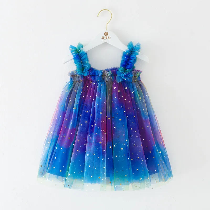 New Cute Baby Girl Clothes Fashion Rainbow Gradient Colour Stars Moon Decoration Sling Baby Dresses Sweet Little Girls Dress