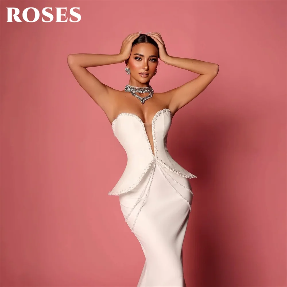 ROSES White Evening Gown Sweetheart Satin Prom Dress Beading On Chest Wedding Evening Dress Mermaid robes de soirée Customized